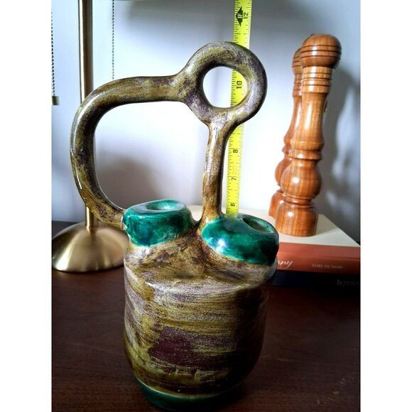 Vintage Handcrafted Ceramic Double-Spout Vase Unique Handle Design Earthy Green - Picture 6 of 7